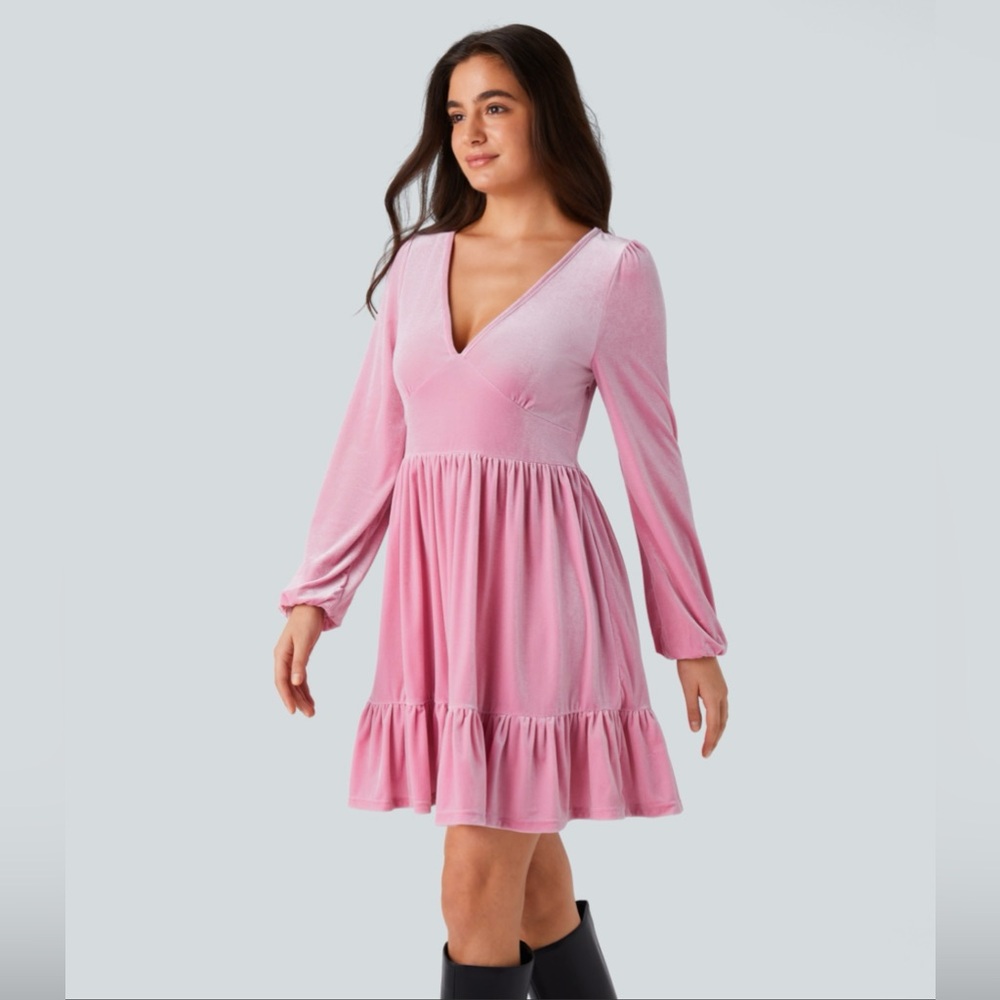 Halara Everyday Deep V Neck Ruffled Hem Velvet Mini Chill Dress size Medium